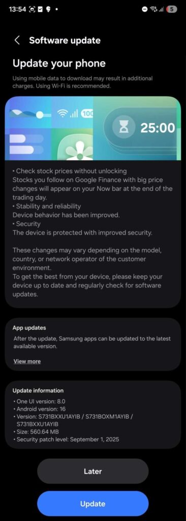 First update for the Galaxy S25 FE