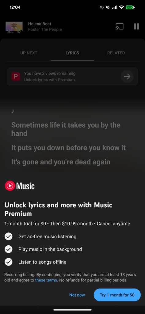YouTube Music paywall for lyrics 