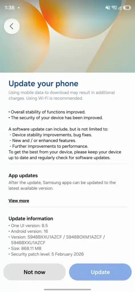 New Galaxy S26 update